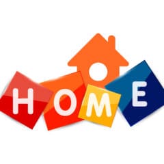 Colorful blocks spell out the word "HOME." The letters H, O, M, and E are displayed in red, orange, yellow, and blue blocks respectively. Above the blocks, there is an orange house-shaped graphic with a round window in the center.