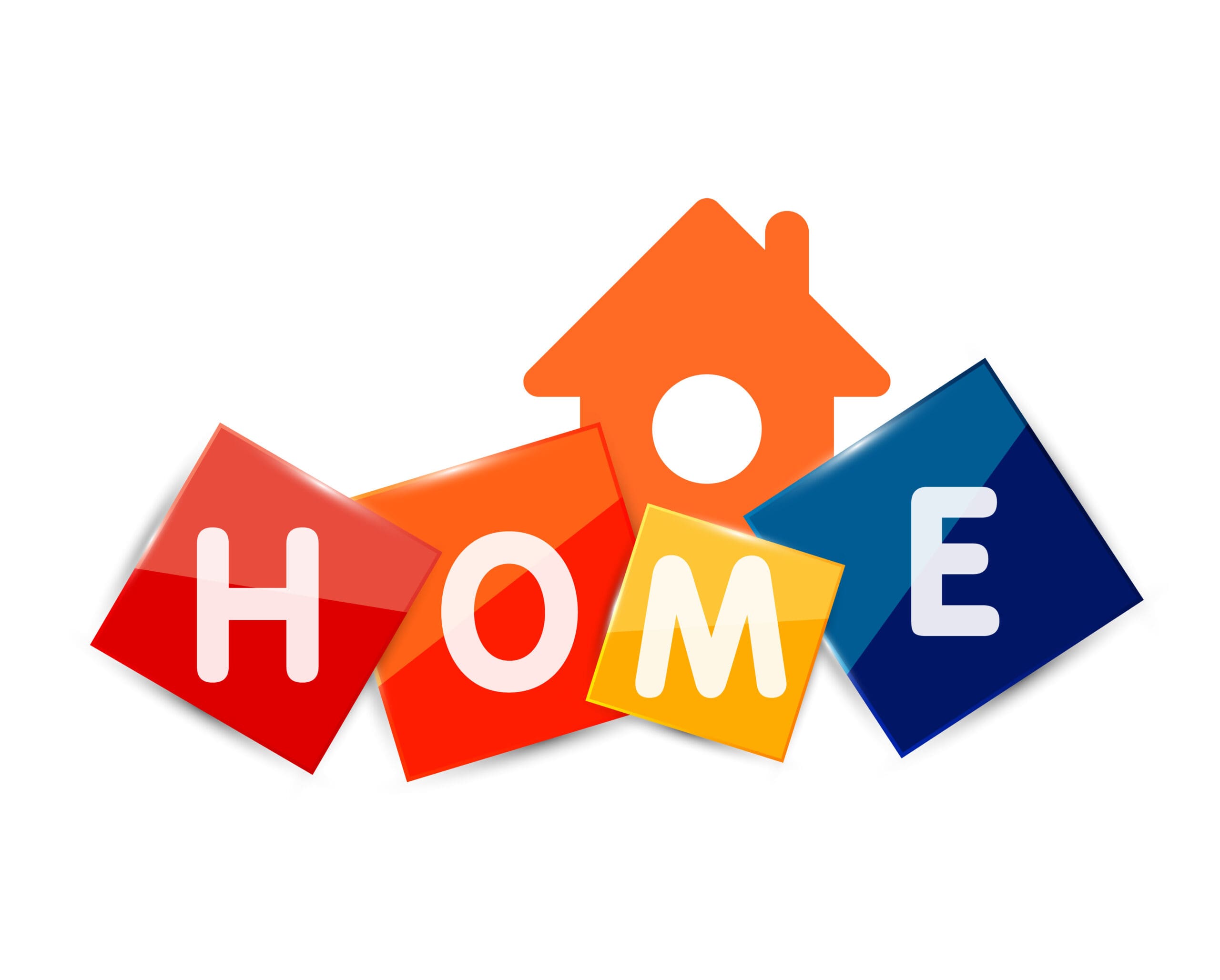 Colorful blocks spell out the word "HOME." The letters H, O, M, and E are displayed in red, orange, yellow, and blue blocks respectively. Above the blocks, there is an orange house-shaped graphic with a round window in the center.