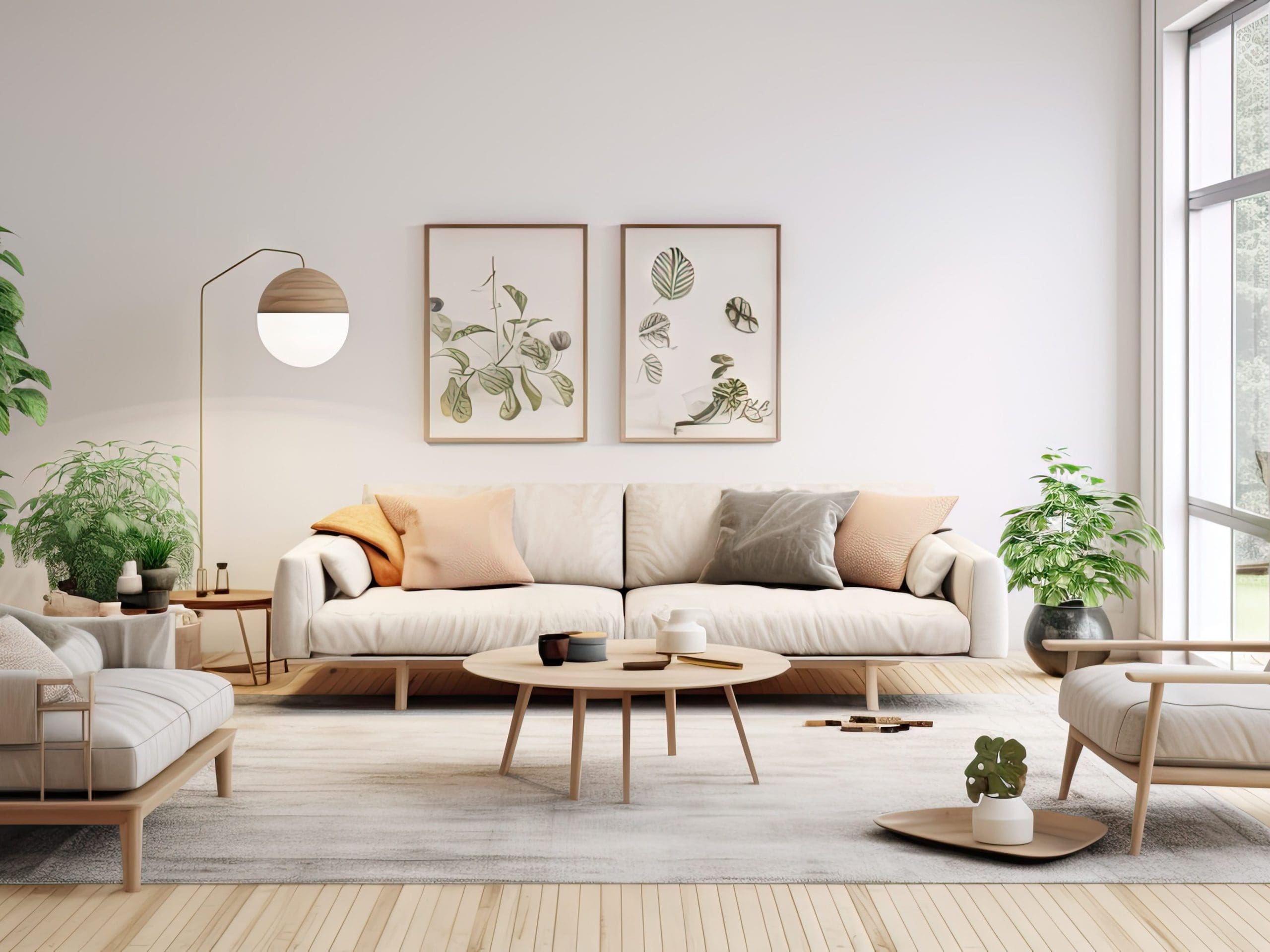 A modern living room with a beige sofa adorned with various cushions, a wooden coffee table, and two framed botanical prints on the wall. The room is decorated with several green plants and features a large window flooding the space with natural light.