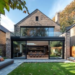 A modern house with large glass doors and brick exterior opens up to a lush green backyard. The outdoor area features neat landscaping with a patio and scattered fallen leaves. Indoors, a spacious kitchen and dining area are visible through the expansive windows.