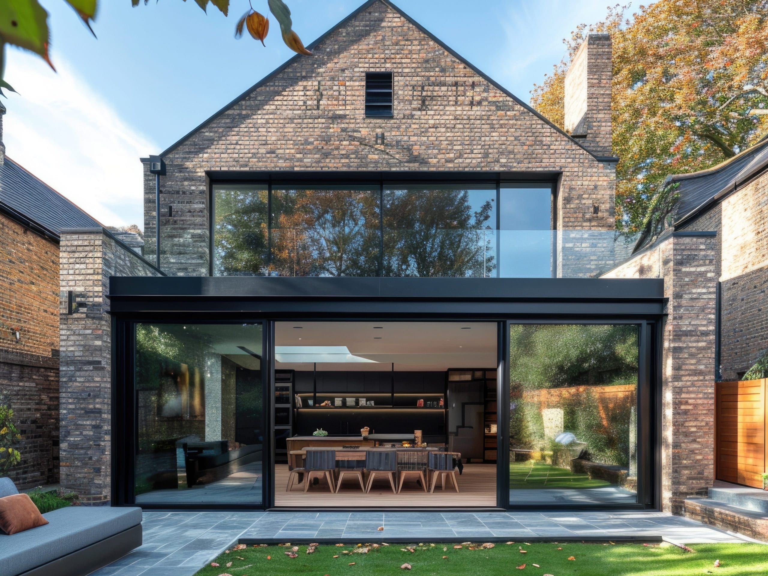 A contemporary two-story house with a brick exterior and large glass windows. The open-plan ground floor includes a dining area with a long table and chairs. The backyard features a green lawn, patio area with seating, and trees providing shade.