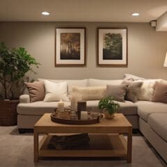 A cozy living room featuring a beige sectional sofa with various cushions, a wooden coffee table with candles and potted plants, two framed nature photographs on the wall, a floor lamp, and a well-organized bookshelf filled with books and decor items.