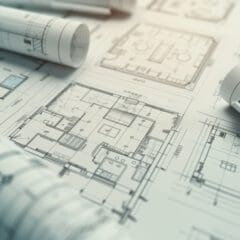 A detailed close-up of architectural blueprints spread out on a surface with several rolled-up blueprints around them. The central blueprint shows the floor plan of a building with various rooms and dimensions clearly marked. The image has a soft focus and neutral tones.