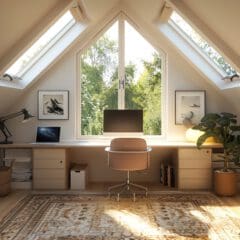 A modern, cozy attic office filled with natural light. Central features include a desk with a monitor and laptop, a comfortable chair, potted plants, bookshelves, framed art, a rug, a floor lamp, and large windows offering a view of green trees.