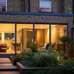 A modern house extension with large glass sliding doors opens to a garden. Inside, warm lighting illuminates the contemporary living and dining area, featuring stylish furniture. The garden is lush with greenery, providing a serene backdrop to the cozy interior.