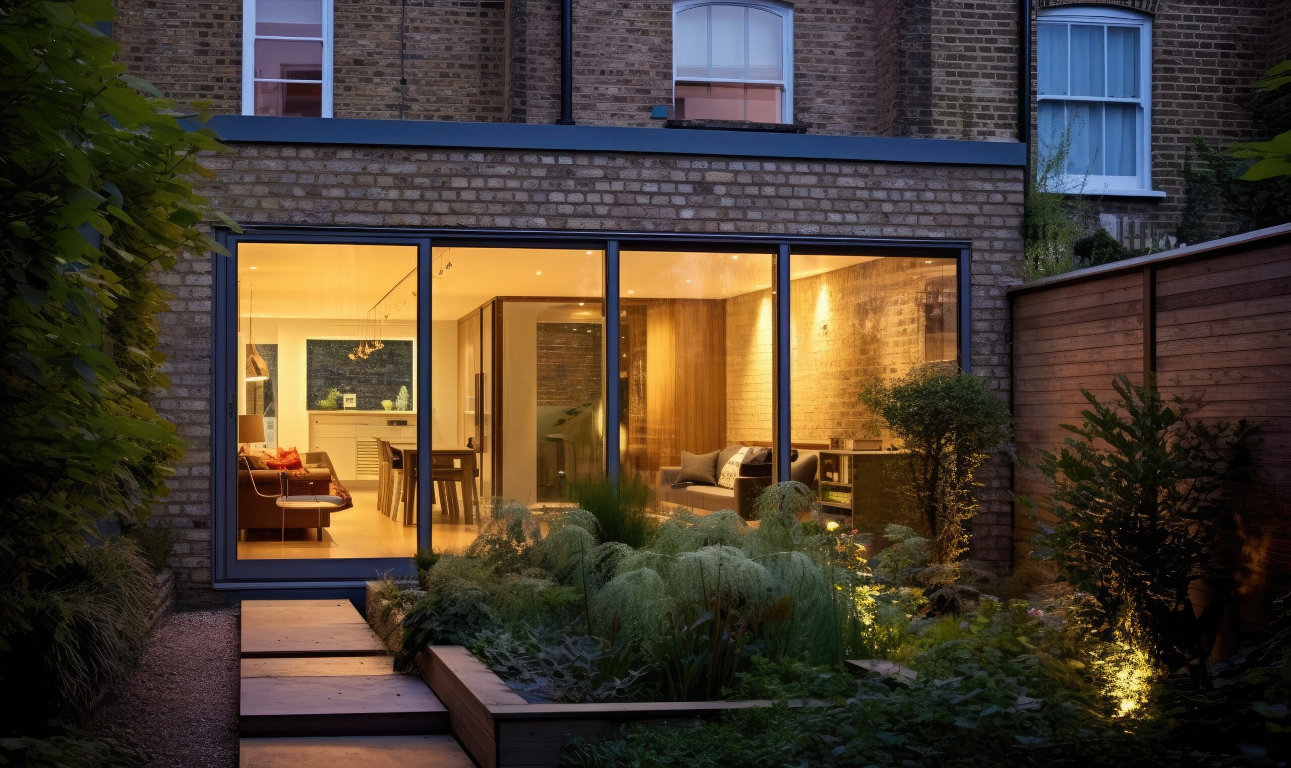 A modern house extension with large glass sliding doors opens to a garden. Inside, warm lighting illuminates the contemporary living and dining area, featuring stylish furniture. The garden is lush with greenery, providing a serene backdrop to the cozy interior.