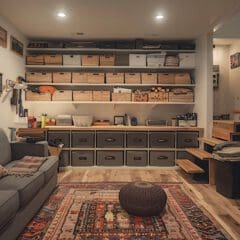 A cozy basement room with wooden floors, a patterned rug, and a grey couch adorned with cushions and a throw. The walls feature shelves and storage boxes. A staircase leads to the upper level. Warm lighting creates a welcoming ambiance.