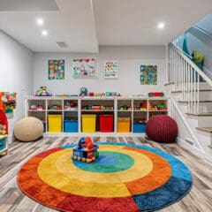 A brightly lit playroom features a colorful circular rug, shelves with organized toys and books, and playful wall art. A staircase with white railings leads to an upper level. Soft round cushions and various toys are neatly arranged around the room.