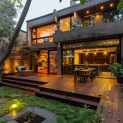 A modern two-story house with large glass windows and warm interior lighting, opening onto a spacious wooden deck with outdoor seating and a dining area. The deck is surrounded by a lush green garden with trees and plants.