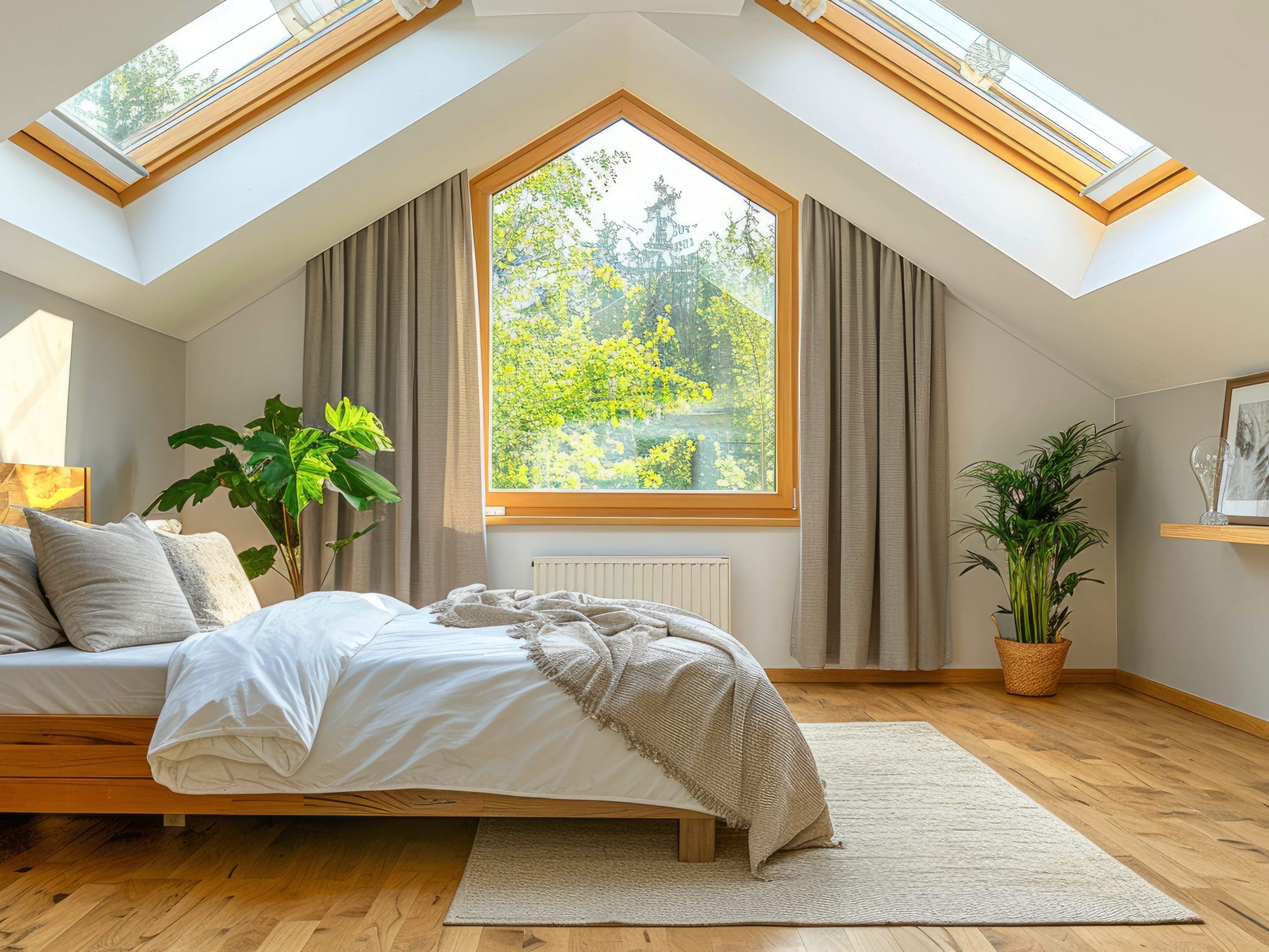 A cozy bedroom with a large triangular window and skylights letting in natural light. The room features a bed with white and beige bedding, a large green potted plant, light-colored curtains, and wooden floors. A framed picture and a small plant adorn a shelf on the right.