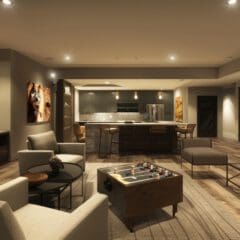 A modern and stylish basement game room with dim lighting. The space features a foosball table, a pinball machine, comfortable seating including armchairs and a sofa, and a bar area with stools. Shelves filled with bottles adorn the walls, and abstract art decorates the room.