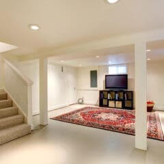 A basement with beige walls and a beige carpeted staircase along the left side. The room features a large, ornate red area rug and a black shelving unit with a television on top and a few items on the shelves. A small window on the wall lets in natural light.