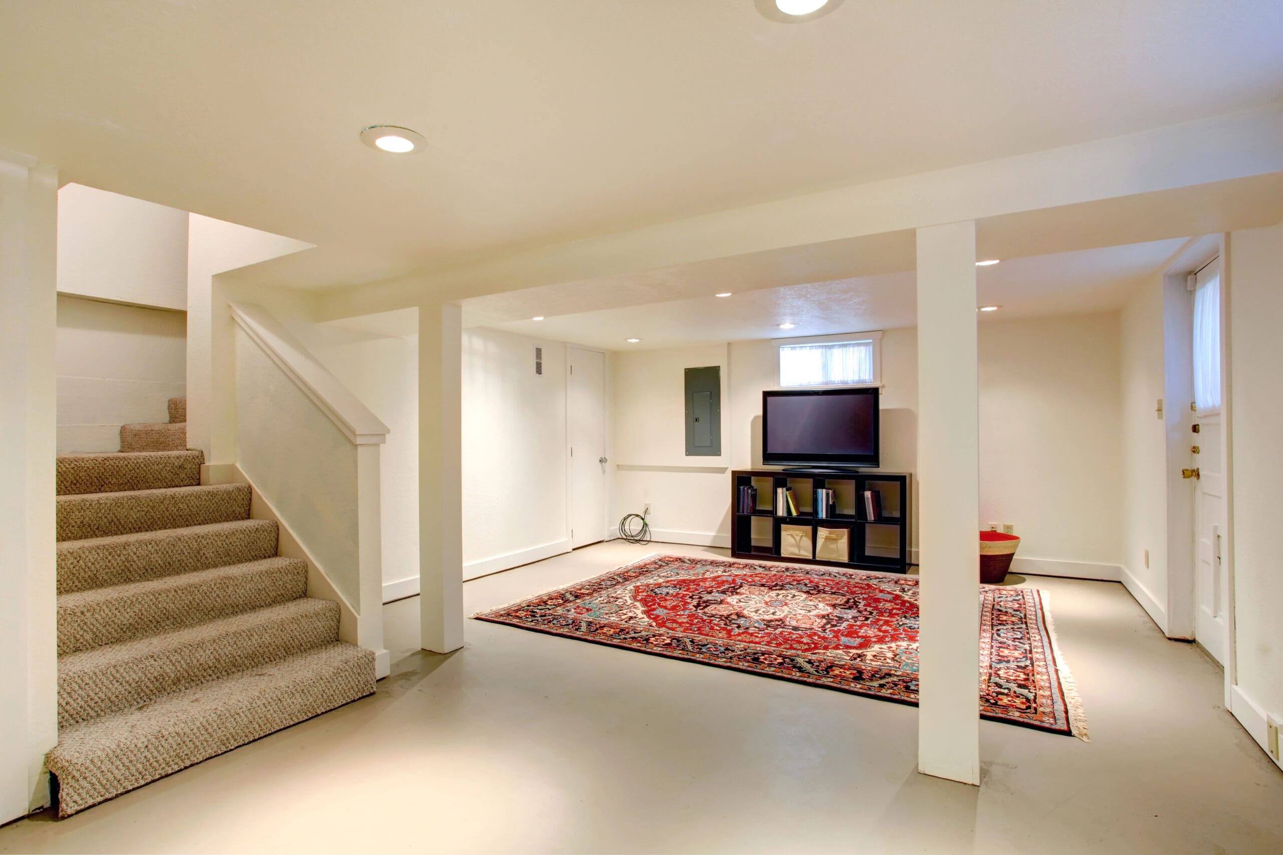 A basement with beige walls and a beige carpeted staircase along the left side. The room features a large, ornate red area rug and a black shelving unit with a television on top and a few items on the shelves. A small window on the wall lets in natural light.